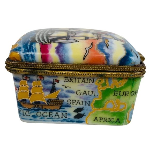 VTG Agiftcorp Boston Trinket Box Clipper Ship 2" Map of World Gold Tone Flower - Picture 9 of 16